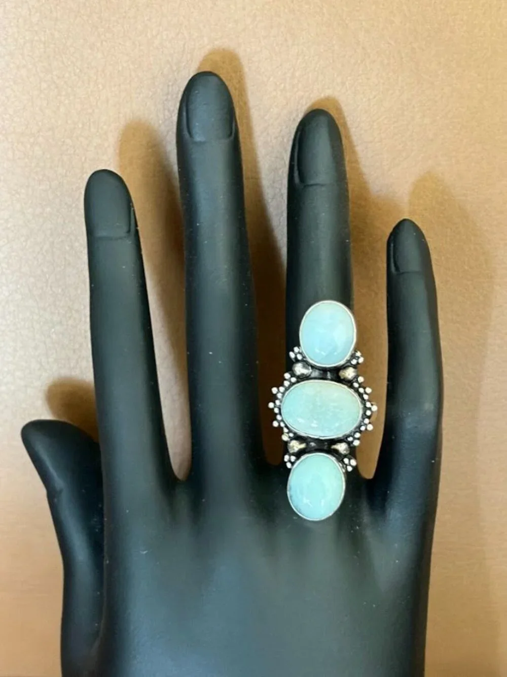 Larimar Three Stone Statement Ring 925 Silver Plated - Size 6.75